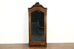 French 1890 Antique Carved Armoire, Wardrobe or Closet, Beveled Mirror