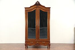 French Antique Mahogany Armoire, Beveled Mirror Doors, Closet Pole #29590