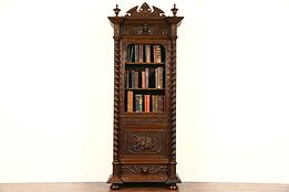 Black Forest 1870 Antique Oak Bookcase, Carved Spiral Columns & Gargoyles