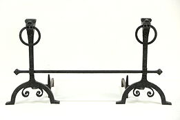 Pair of Giant Vintage Figural Wrought Iron Fireplace Andirons, 30" Tall
