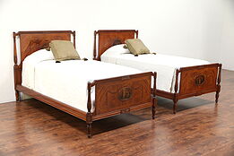 Pair Antique Twin or Single Beds, Satinwood & Rosewood, Classical Scenes #29610