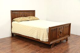 Oak Vintage Scandinavian Queen Size Bed, Carved Heads and Panels #30032