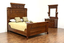 Victorian Eastlake 1880's Antique Walnut & Burl Queen Size BED ONLY