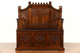 Gothic Carved Oak 1890 Antique Hall Bench, Leather Seat, Holland