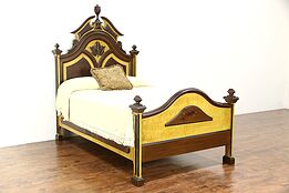 Victorian Antique 1870 Grain Painted Full Size Hand Carved Cottage Bed