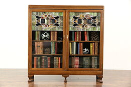 Oak 1900 Antique Bookcase, Leaded Stained Glass Doors