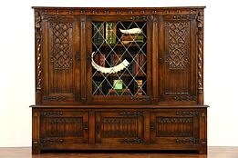 Gothic 1910 Antique Oak Dutch Bookcase or China Cabinet, Leaded Glass, Figures