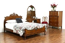 French Style Vintage 4 Pc. Burl Bedroom Set, Extra Long Double Bed