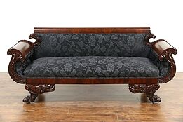 Empire 1825 Antique Mahogany Sofa, Carved Acanthus & Paw Feet, New Upholstery