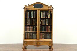 Victorian Oak 1900 Antique Carved Library Bookcase, Wavy Glass Doors