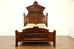 Victorian Renaissance Antique Carved Walnut & Burl Queen Size Bed  #30403