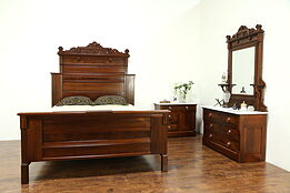 Victorian Eastlake Antique 3 Pc Queen Size Bedroom Set, Walnut & Marble #30646