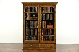 Oak Carved Victorian 1900 Antique Library Bookcase, 2 Glass Doors