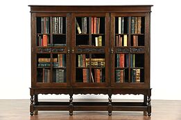 English Tudor 1915 Antique Carved Oak Triple Library Bookcase, Spiral Legs
