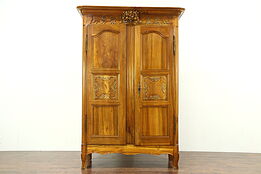 French Antique 1780 Fruitwood Armoire Wardrobe, Hand Carved Fruit & Bird Motifs