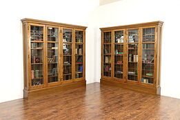 Pair of Oak 1900 Antique 7' Wide Library Bookcases, Leaded Glass #30259