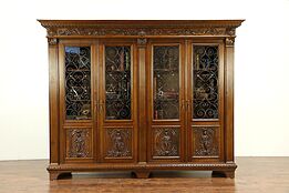 Italian Antique Library Bookcase, Carved Figures & Lions, Signed #30674