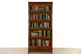 Oak 1900 Antique 5 Section Stacking Lawyer Bookcase, Leaded Glass