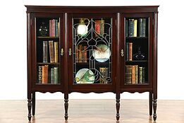 Triple Mahogany 1910 Antique Library Bookcase, Leaded Stained Glass Door