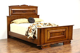 Art Deco 1930 Vintage Carved Oak Queen Size Bed, Italy
