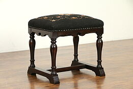 English Tudor Antique Bench or Stool, Needlepoint Upholstery #31634