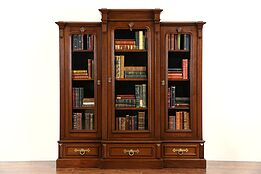 Victorian 1880 Antique Walnut Triple Library Bookcase, Adjustable Shelves