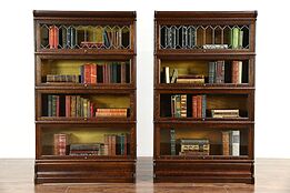 Pair of Oak 4 Stack 1900 Antique Lawyer Bookcases, Leaded Glass, Globe Wernicke