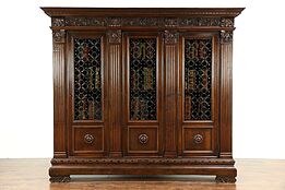 Renaissance Italian Antique 1890 Bookcase, Iron Grill Doors, Carved Lions #26499