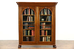 Victorian Antique 1860 Walnut Library Bookcase, Arched Wavy Glass Doors