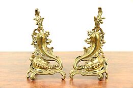 Pair of Brass Antique French Rococo Design Fireplace Andirons #29231