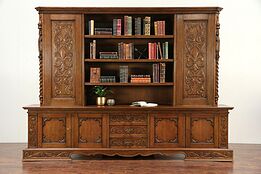Oak Antique Library or Office 8' 10" Bookcase Carved Knights Scandinavia  #29330