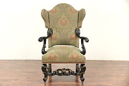 Carved Oak Antique French Wing Chair, Recent Tapestry Upholstery #29628