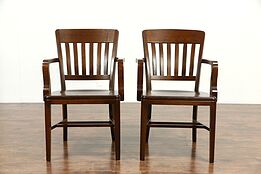 Pair of Walnut Antique 1920 Banker Chairs with Arms