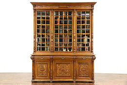 Oak Hand Carved French Antique Library Bookcase, Beveled Glass Panes