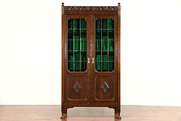 Oak Renaissance Carved 1900 Antique Bookcase, Leaded Stained Glass Doors