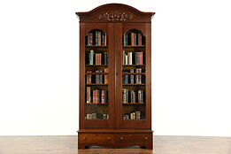 Victorian 1860's Antique Carved Walnut Library Bookcase, Wavy Glass Doors