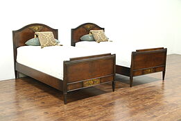Pair of 1930 Vintage Walnut Twin or Single Beds, Hand Painted, signed Sligh