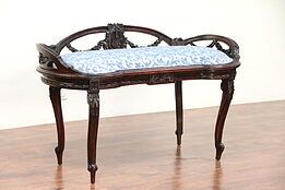 French Antique Bench, Carved Musical Motif, New Upholstery #29739