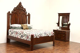 Victorian 1860's Antique Carved Walnut Queen Size Bed