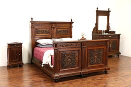 Italian 1900 Antique Renaissance Carved Walnut 4 Pc. Queen Size Bedroom Set