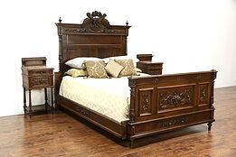 French Louis XVI Antique 1890 Carved Bedroom Set, Queen Size Bed, 2 Nightstands