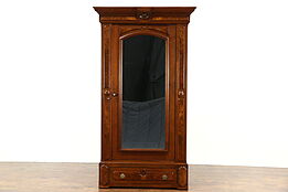 Victorian 1870 Antique Walnut Armoire, Wardrobe or Closet, Mirror Door, Signed