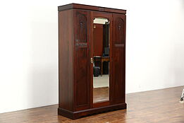 English 1910 Antique Armoire, Wardrobe or Closet, Beveled Mirror