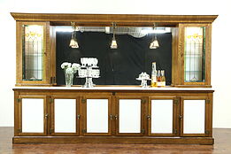 Oak Antique Backbar, Leaded Stained Glass & Lights, Signed Iceless Fountain, 12'