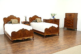 Satinwood 1940's Vintage 5 Pc. Bedroom Set, Twin Beds, Signed Empire of Rockford