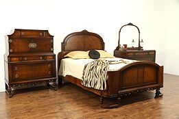 English Tudor Style Antique 1920 Walnut 3pc Bedroom Set, Queen Size Bed #31125