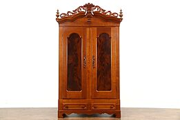 Victorian 1860's Antique Hand Carved Cherry Armoire, Wardrobe or Closet