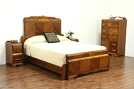 Waterfall Art Deco Vintage Bedroom Set, Queen Size Bed, Chest, 2 Nightstands