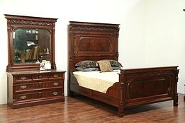 Victorian Eastlake Walnut Burl Queen Size Bed Set & Marble Top Dresser #29132