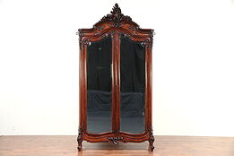 French Carved Rosewood Antique Armoire Wardrobe, Beveled Mirror Doors #29600
